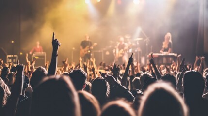 A lively concert scene with a cheering crowd and musicians performing on stage.