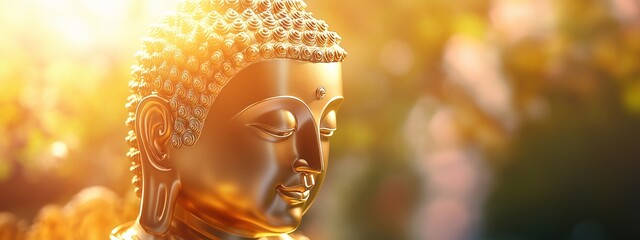 The sun shines on the golden Buddha statue, concept of Buddhism, spiritual balance, mental practices tranquility, Asian tradition culture, space for text