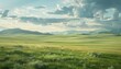 © DruZhi Art - Rolling Green Hills Under Expansive Sky, Serene Landscape, Peaceful Nature, Steppe of Kazakhstan, Banner with Copy Space