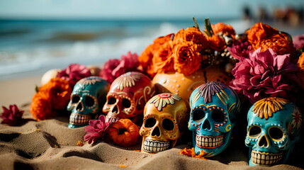 serene Dia de Muertos altar set up on a tranquil beach, paying tribute to departed souls with an ocean backdrop.