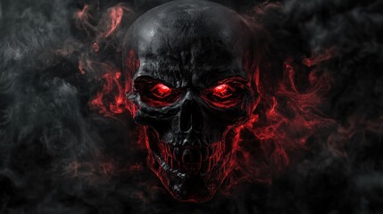 Wall Mural - a dark, ominous skull with glowing red eyes surrounded by swirling smoke.