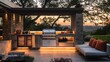 © LuvTK - A luxury outdoor kitchen featuring a stainless steel grill, a large refrigerator, and polished stone counters, with sleek modern seating and soft ambient lighting under a pergola,