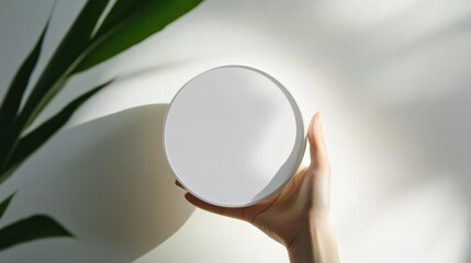 Wall Mural - a hand holding a round, white object against a softly lit background with plant shadows.