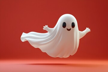 Whimsical Chibi Halloween Ghost Floating in Spooky Backdrop