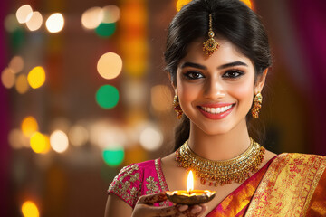 Sticker - young indian woman holding oil lamp on diwali festival