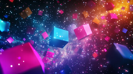 A starry space background with colorful paper squares floating around. It has a futuristic neon banner and a glowing neon design. Perfect for digital backgrounds and designs.