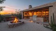 © LuvTK - A rustic BBQ area in the desert, with adobe-style walls, a fire pit for grilling, wooden benches, and cacti scattered around, all illuminated by the warm orange light of a setting sun.