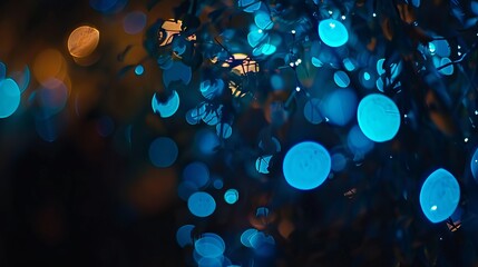 Wall Mural - bright blurred abstract blue bokeh lights on dark background creating a soft backdrop for elegant de