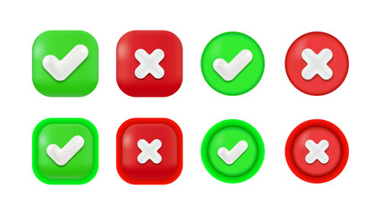 Vector Icons of Green Check Mark and Red Cross on Round and Square Backgrounds. True and False Approval Symbols