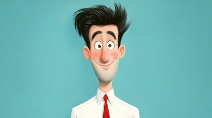 Sticker - A vibrant D cartoon portrays a joyful man in a white shirt and red tie, showcasing a trendy hairstyle against a clean backdrop.