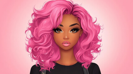 Poster - A vibrant cartoon of a black woman sporting stylish pink hair, set against a clean and minimal background.