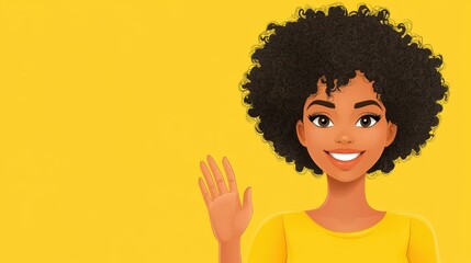 Poster - A cheerful cartoon woman with curly hair waves happily against a clean, simple background, radiating positivity.