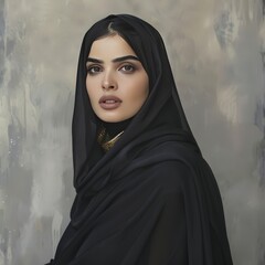 Poster - Portrait of a woman with dark hair and eyes, wearing a black hijab and a gold necklace, against a gray wall.