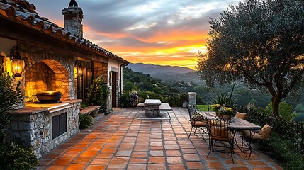 Canvas Print - A rustic Mediterranean BBQ area with terra cotta tiles, a built-in stone oven, wrought iron chairs, and olive trees, the space bathed in soft evening light as the sun sets behind distant hills.