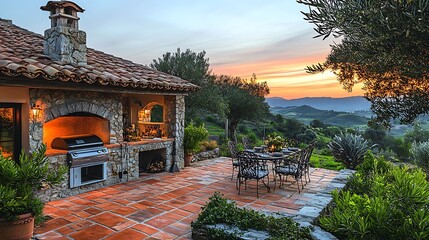 Canvas Print - A rustic Mediterranean BBQ area with terra cotta tiles, a built-in stone oven, wrought iron chairs, and olive trees, the space bathed in soft evening light as the sun sets behind distant hills.