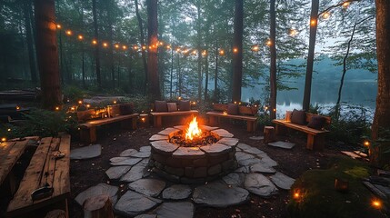 Canvas Print - A rustic outdoor BBQ area nestled in a woodland setting, with a stone fire pit surrounded by wooden seating, fairy lights draped between trees, soft evening light filtering through the branches,