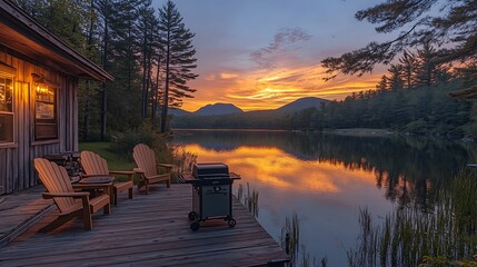 Canvas Print - A serene lakeside BBQ area set on a wooden dock, with Adirondack chairs, a portable grill, and a calm lake reflecting the golden hues of a sunset,