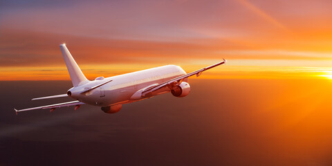 Wall Mural - Passengers commercial airplane flying above clouds in sunset light. Concept of fast travel, holidays and business.