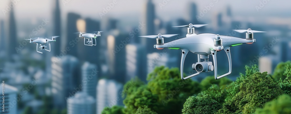 Aerial view of a smart city powered by green energy and connected IoT ...