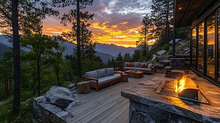 Canvas Print - A serene mountain BBQ area, featuring a rustic stone grill and wooden furniture, nestled among tall evergreen trees with a breathtaking view of the distant mountain range under a vibrant sunset sky.