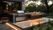 © LuvTK - A sleek contemporary outdoor kitchen with a built-in stainless steel grill, a marble countertop, a refrigerator, and modern bar seating,