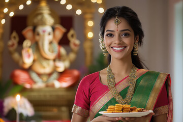 Poster - young indian woman standing with lord ganesha statue