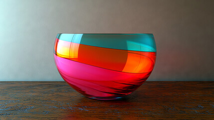 A colorful glass bowl with teal, orange, and pink layers sits on a wooden table.