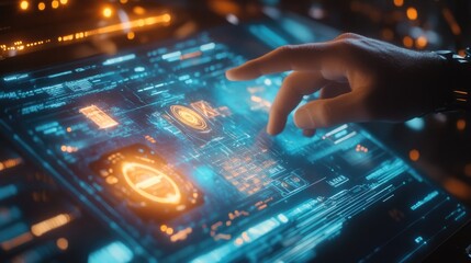 A hand interacts with a futuristic digital interface, glowing with blue and orange light.