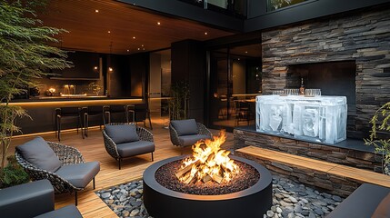 Canvas Print - A stylish BBQ space featuring a fire pit surrounded by rustic stone and an ice bar carved from ice blocks, with sleek modern furniture and evening lighting enhancing the unique fire-and-ice theme.