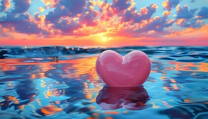 Wall Mural - Floating pink heart in clear blue water under a vibrant sunset sky, embodying love, hope, and the beauty of nature.