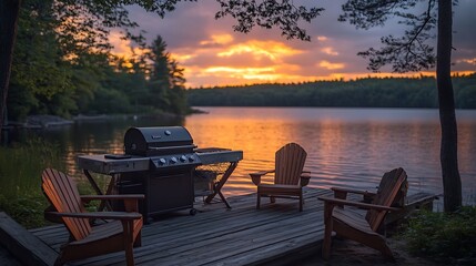 Canvas Print - A tranquil BBQ setup by the lake, with a grill and Adirondack chairs placed on a rustic wooden dock,