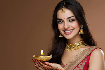 Wall Mural - young indian woman holding oil lamp on brown background