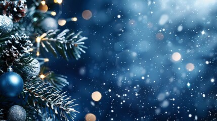 Wall Mural - stunning dark blue christmas background with abstract blue bokeh lights and shimmering sparkles, ide