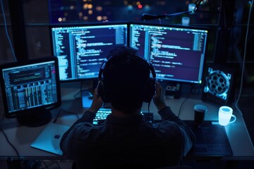 programmer is at a desk in the office with several monitors in front of him
