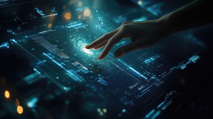 A hand reaches out to touch a glowing digital interface with lines of code and data.