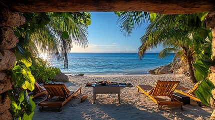 Canvas Print - A tropical beachside BBQ with a simple grill on the sand, wooden lounge chairs, and palm trees framing the scene, the ocean shimmering in the background as the sun sets over the horizon.