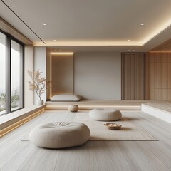 Wall Mural - Minimalist Japanese Living Room Interior Design with Wooden Floor and Cushions