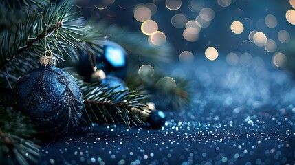 Wall Mural - stunning dark blue christmas background with abstract blue bokeh lights and shimmering sparkles, ide