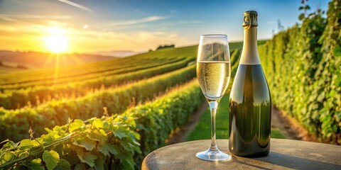 Champagne bottle and flute in a vineyard setting