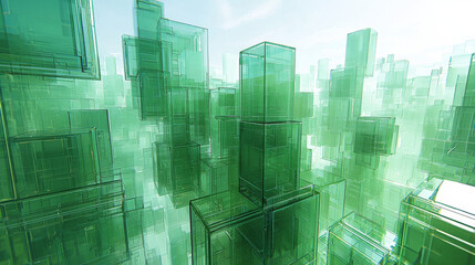 Poster - Abstract green glass blocks form a futuristic cityscape.