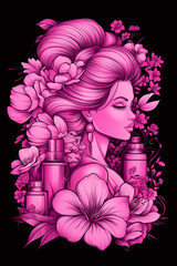 Canvas Print - A woman with long hair and a flowery headdress is surrounded by perfume bottles. The image is pink and has a floral theme