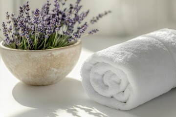 A white towel rolled neatly beside a bowl of lavender, symbolizing relaxation and spa wellness