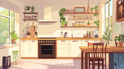 Wall Mural - Anime style illustration of minimalist kitchen interior with wooden material and beautiful decoration in the morning