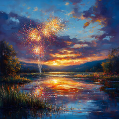 Wall Mural - Sunset Fireworks Over Lake with Reflections