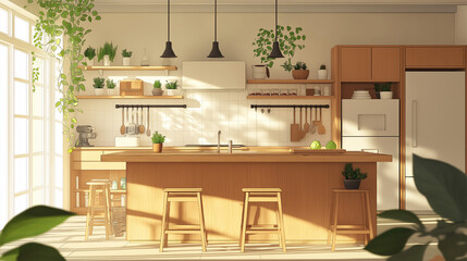 Wall Mural - Anime style illustration of minimalist kitchen interior with wooden material and beautiful decoration in the morning