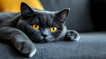 Wall Mural - Adorable Grey Cat With Yellow Eyes Resting on Couch