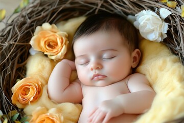 Newborn baby peacefully sleeps in nest-like arrangement, surrounded by soft yellow blankets and vibrant roses. Warmth and natural beauty concept