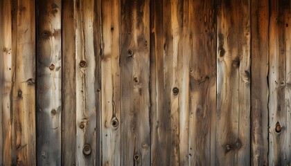 Wall Mural - Rustic wooden wall close-up showcasing weathered planks with natural grain, warm brown hues, unique knots, and imperfections celebrating its character and history