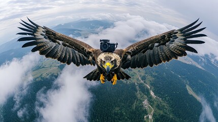 A majestic eagle with metallic wings and a camera mounted on its head, soaring through the sky and capturing breathtaking aerial views.