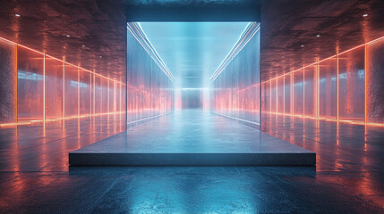 Neon lights illuminate a futuristic corridor.